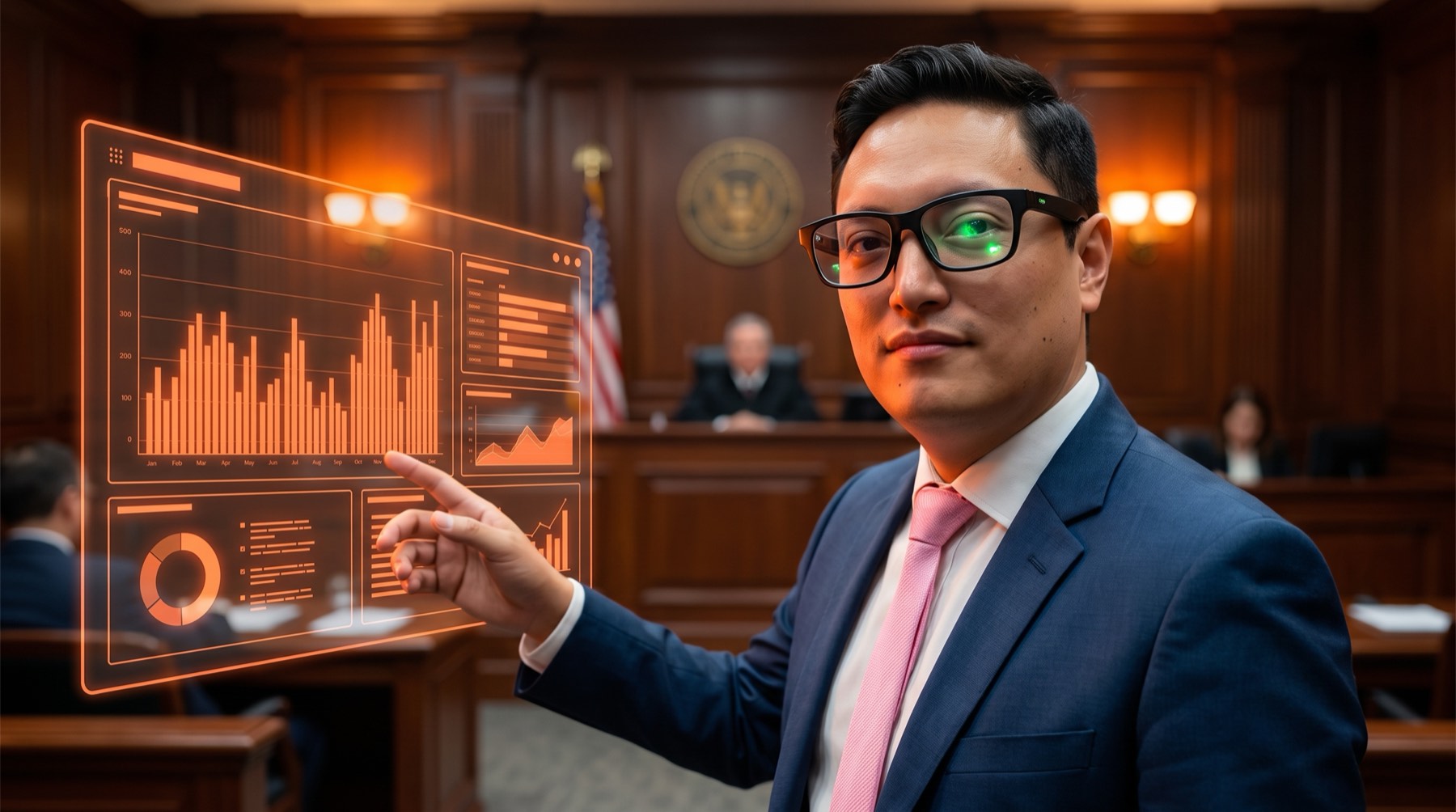 An attorney in AI glasses standing in a courtroom, managing his firm through a floating holographic dashboard of case timelines and charts