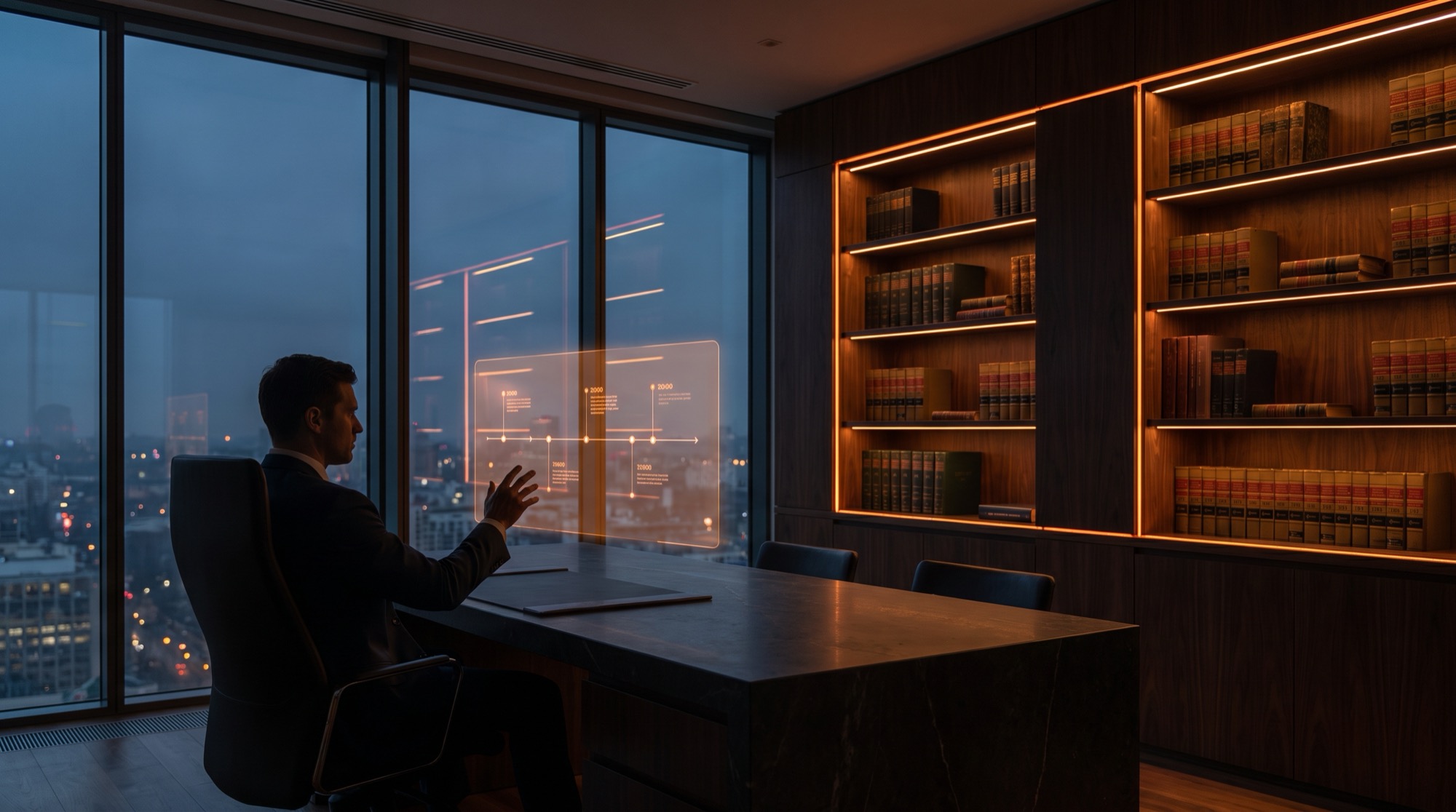 Modern law firm at dusk with warm orange accent lighting, an attorney reviewing a glowing holographic case timeline