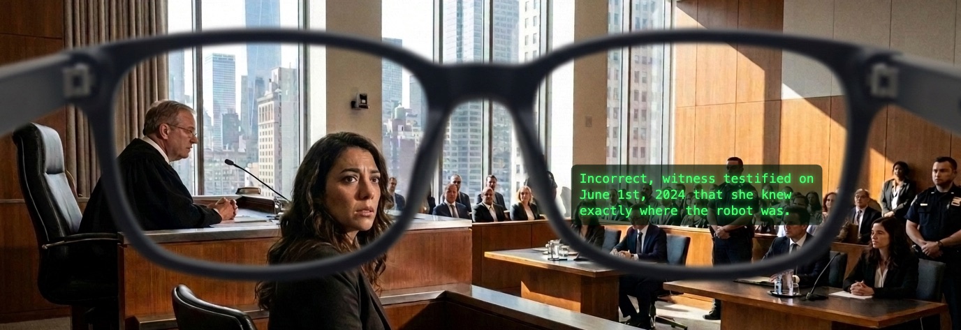 First-person view through a trial attorney's AI glasses of a witness on the stand, with a green heads-up caption reading: Incorrect, witness testified on June 1st, 2024 that she knew exactly where the robot was.