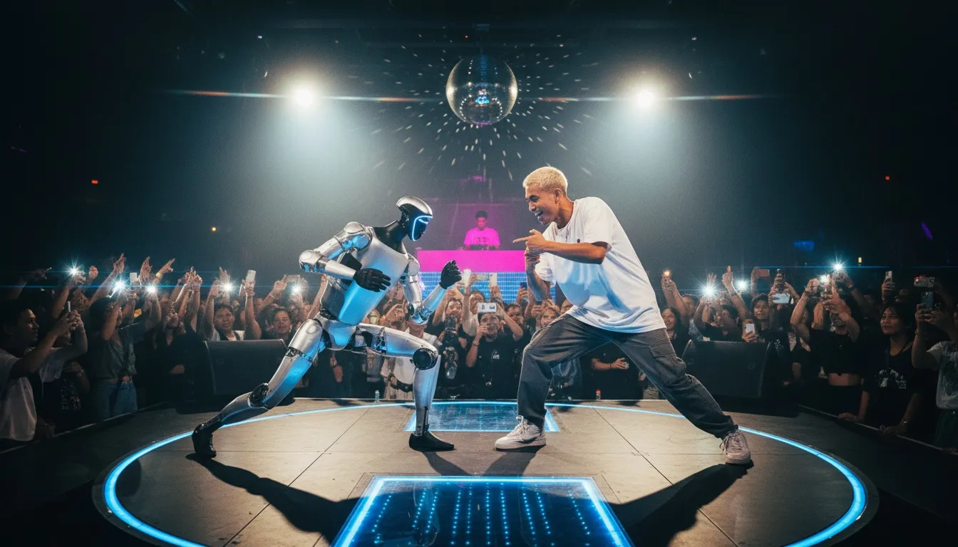 Unitree G1 and a human dancer mirrored in a freeze-pose face-off on a glowing LED stage at your beach club, packed crowd filming with phones
