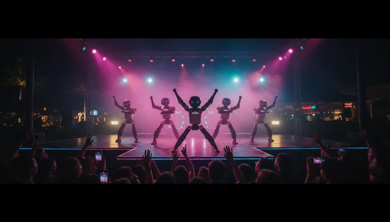 Four Booster K1 humanoid robots in a synchronized choreographed dance routine on a night stage with magenta and cyan lights
