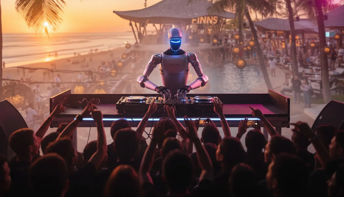 Unitree G1 humanoid robot DJing on Pioneer CDJs at sunset with a beach crowd raising their hands in the foreground