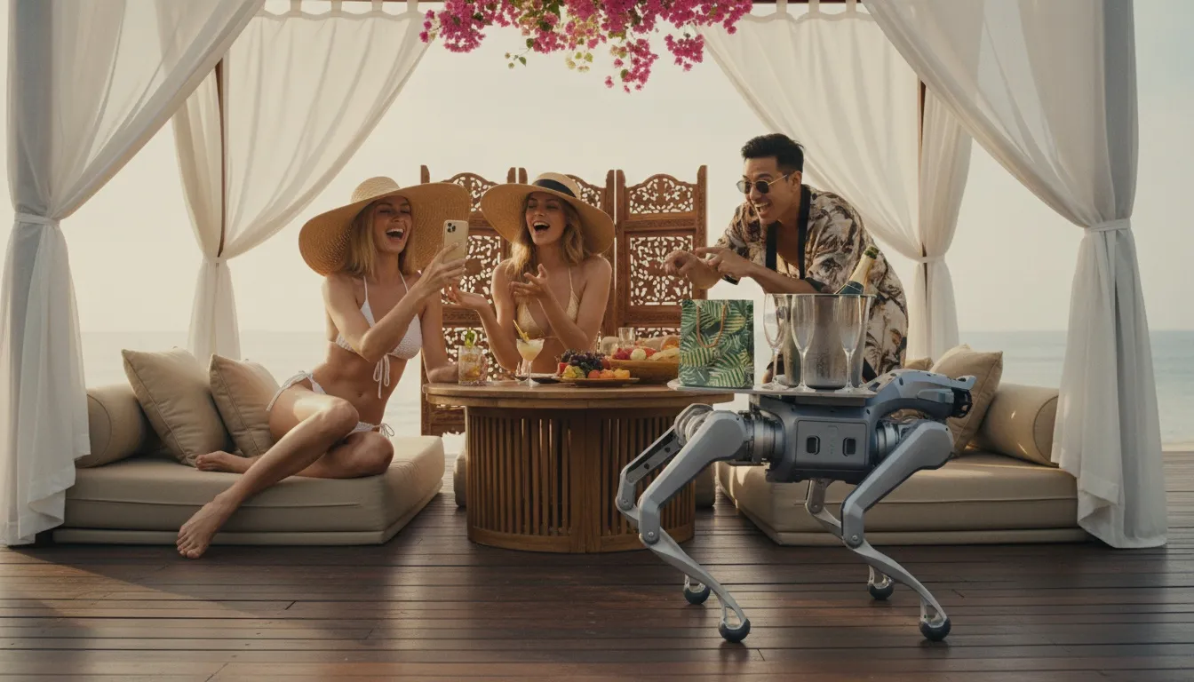 Unitree As2 quadruped robot dog delivering a champagne bucket to glamorous guests at a cabana daybed