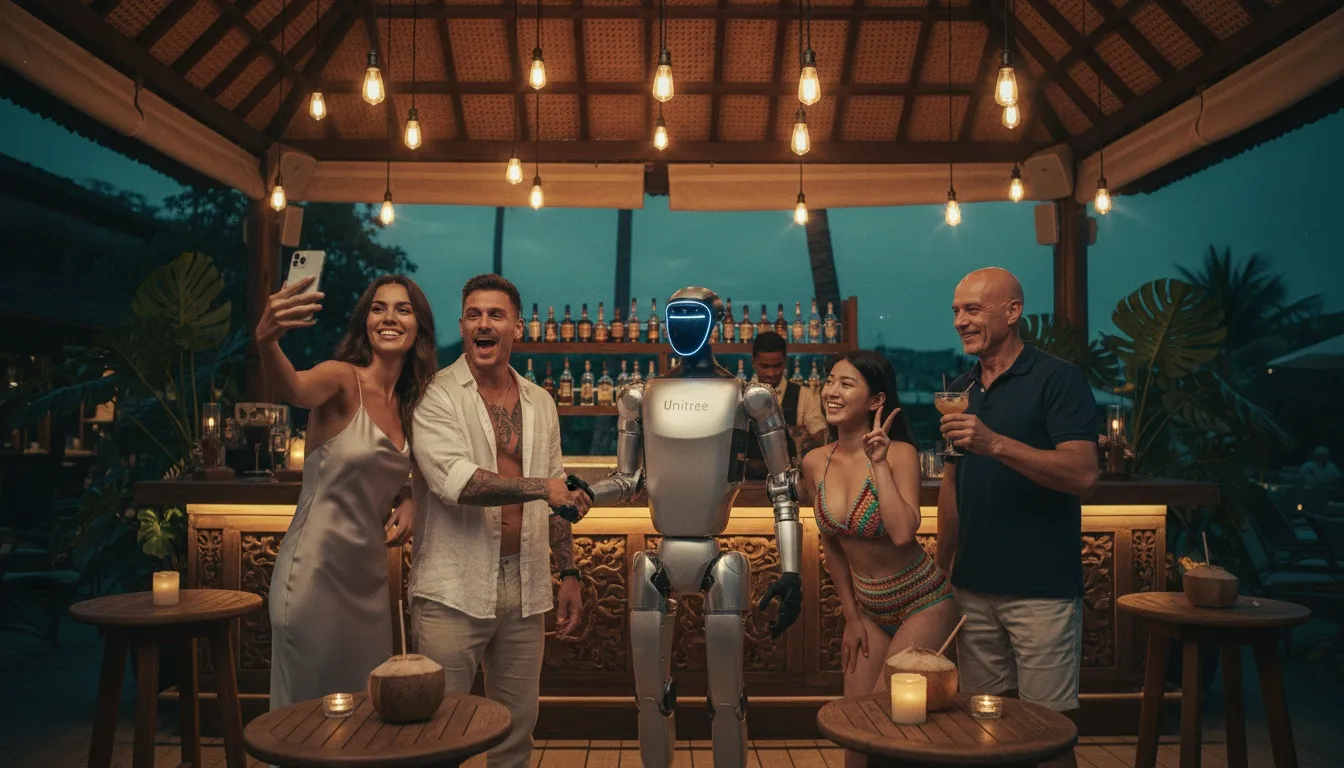 Unitree G1 humanoid robot posing with four guests under Edison bulbs at a beach club cabana lounge at dusk
