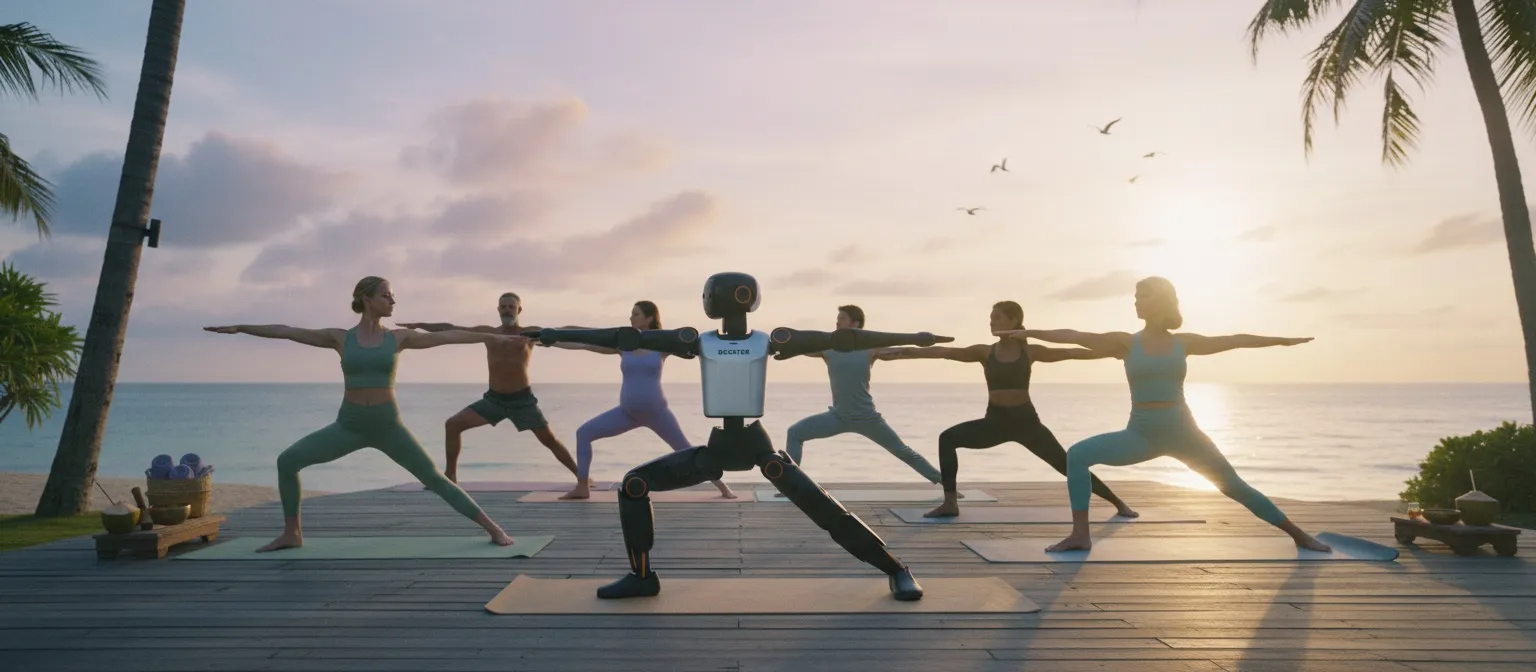 A Booster K1 humanoid robot leading a sunrise Warrior II yoga class on an oceanfront wooden deck in Bali, six diverse students mirroring the pose