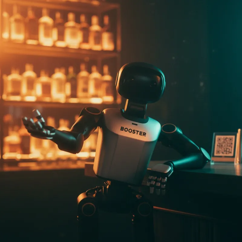 Cashflow — Booster K1 leaning on a bar counter presenting a pitch with hand extended, amber bottle shelf and QR code behind