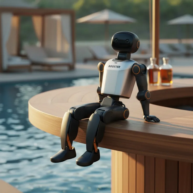 Chad.exe — Booster K1 lounging cockily on a poolside bar counter with liquor bottles, legs dangling over the water