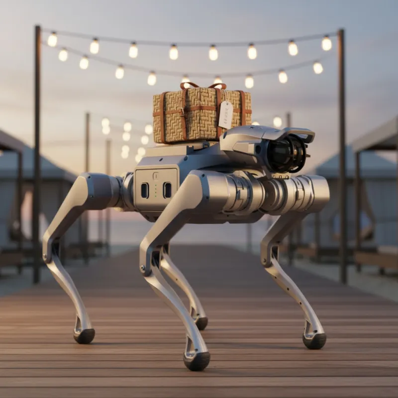 Fetch — Unitree As2 robot dog alert on a beach walkway at dusk with a woven palm-leaf delivery parcel on its back and Edison bulb strings overhead