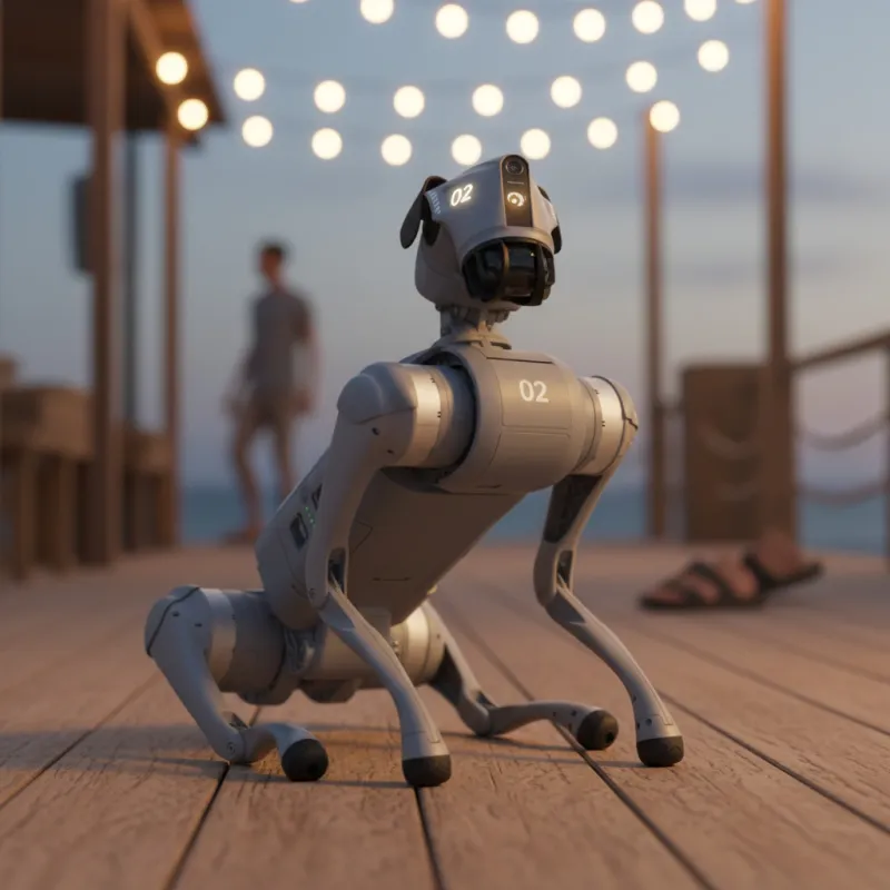 Fido — Unitree Go2 robot dog lying down in the middle of a wooden walkway as two pairs of human legs in sandals step around him