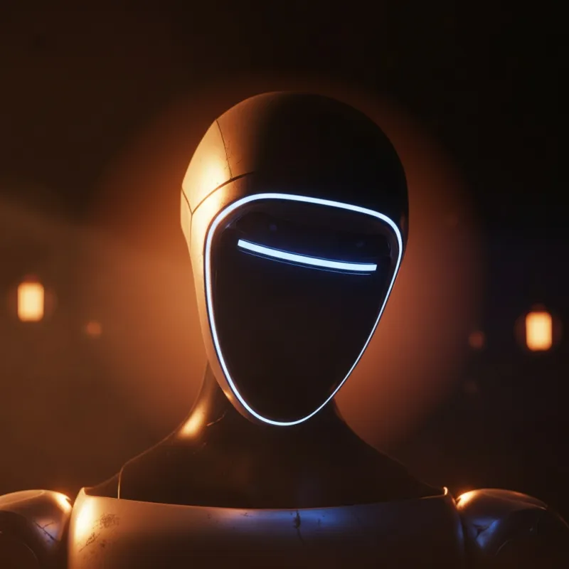 Rook — moody VIP-room portrait of the Unitree G1 with warm amber rim light and glowing blue LED visor