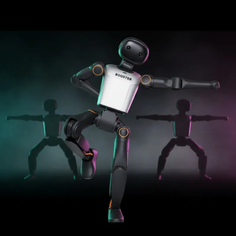 Glitch — Booster K1 in an awkward off-script twisted pose with magenta and teal chromatic-aberration split, two synchronized K1s blurred behind
