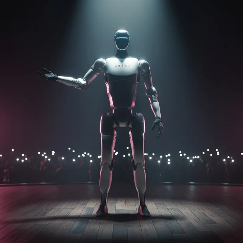 Nova — Unitree G1 in spotlight with one arm flourished theatrically, audience phone flashes bokeh behind