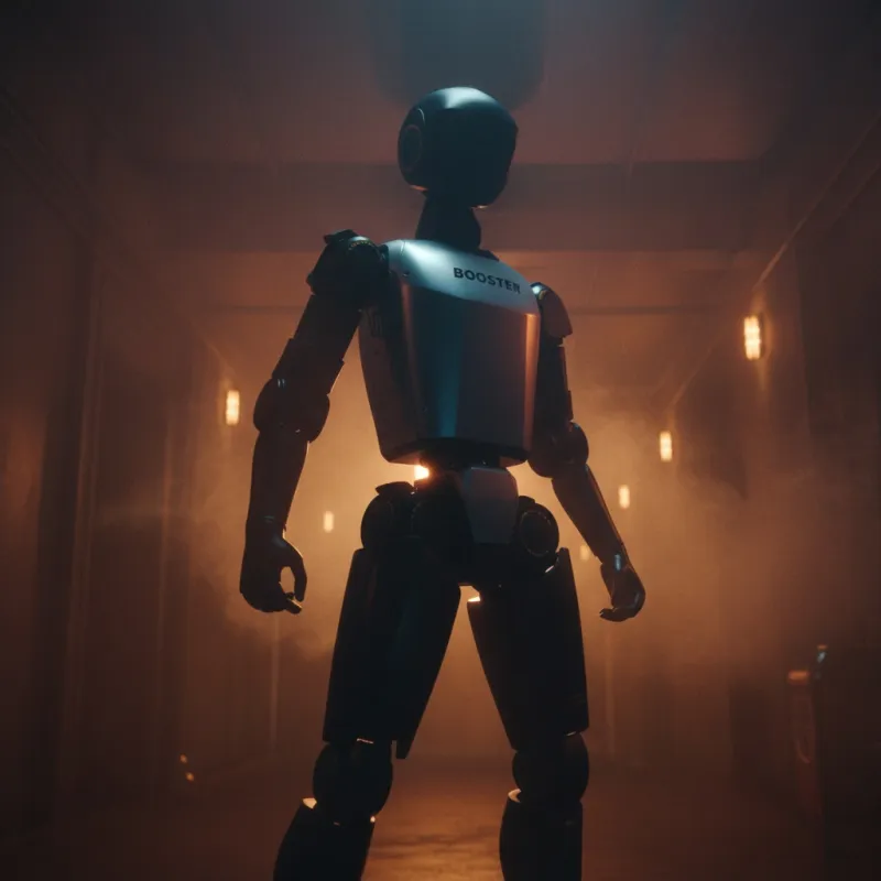Titan — Booster T1 in commanding wide stance in a smoky amber backstage corridor, hero low-angle shot