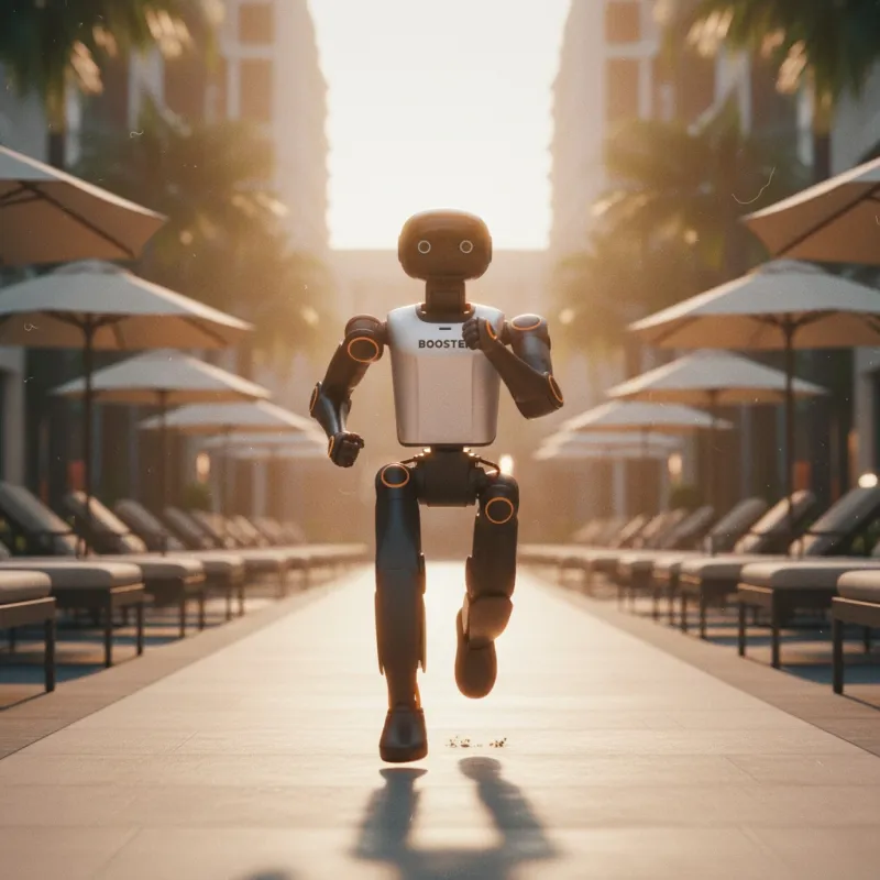 Turbo — Booster K1 mid-sprint on a poolside walkway between sun loungers, warm golden motion