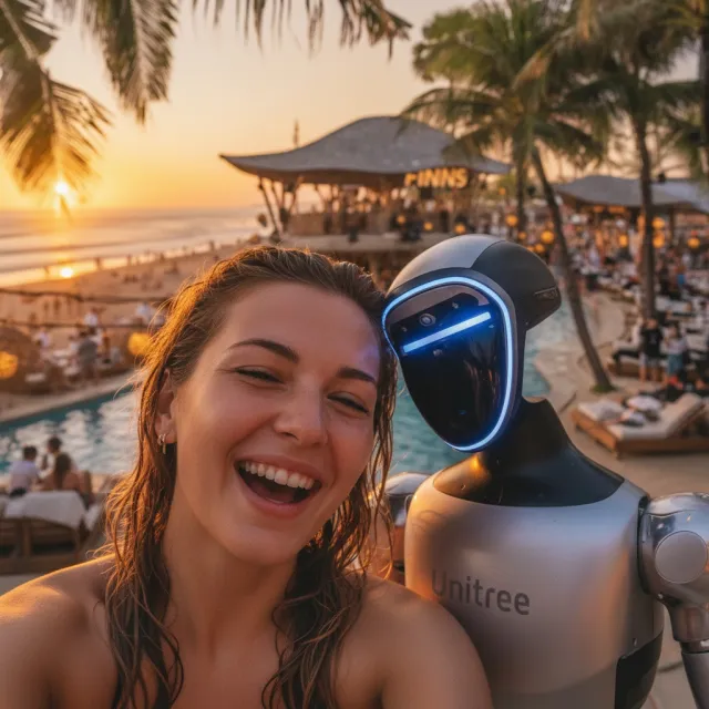 Guest selfie with a botshift robot at your beach club