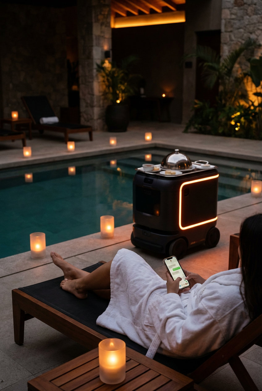 Hotel guest relaxing by pool while a service robot with orange accent lights delivers food