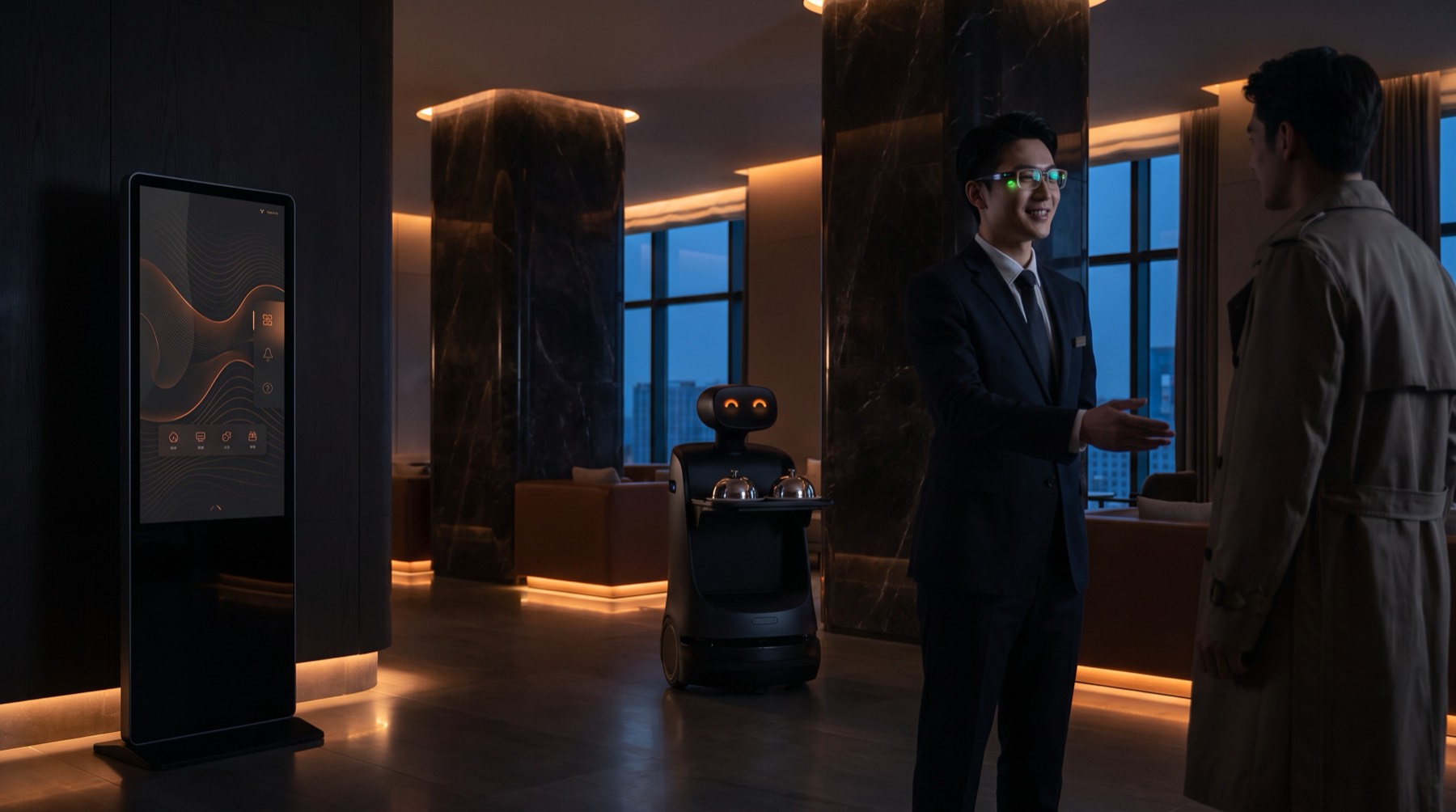 Hotel lobby at dusk: a host wearing AI glasses greets a guest, a digital display kiosk glows with an orange interface, and a service robot with orange eyes carries a tray in the background