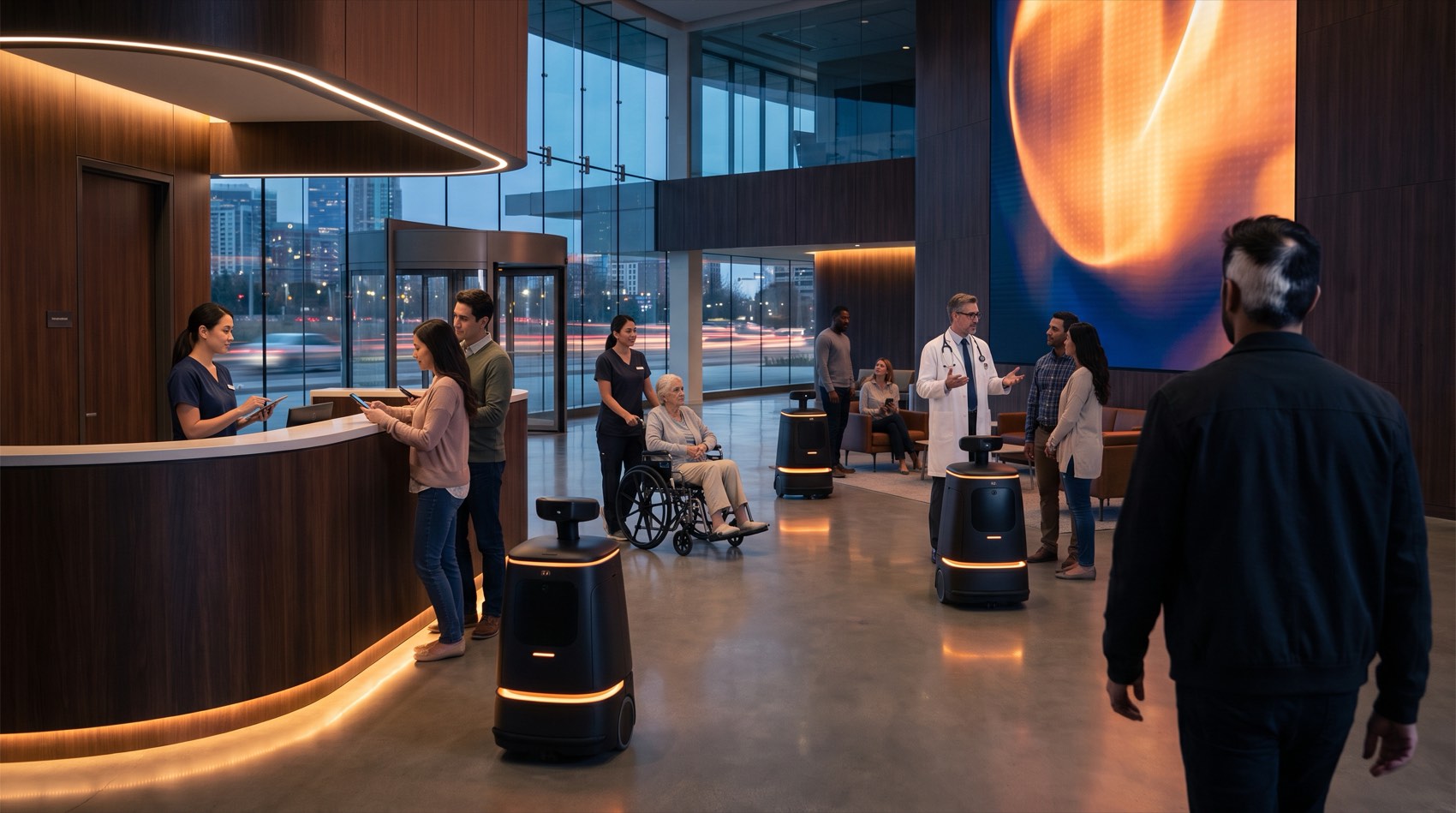 A premium hospital lobby at dusk, busy but calm: a nurse at reception, patients checking in on their phones, a nurse pushing an elderly patient in a wheelchair, a doctor in a white coat talking with a family, and guide robots with warm orange light strips crossing the floor