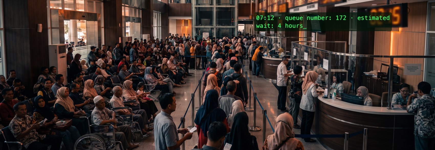 An overcrowded modern Indonesian hospital lobby at morning peak: winding rope-line queues at registration counters, every waiting seat taken, and a green terminal caption reading: 07:12, queue number 172, estimated wait 4 hours.