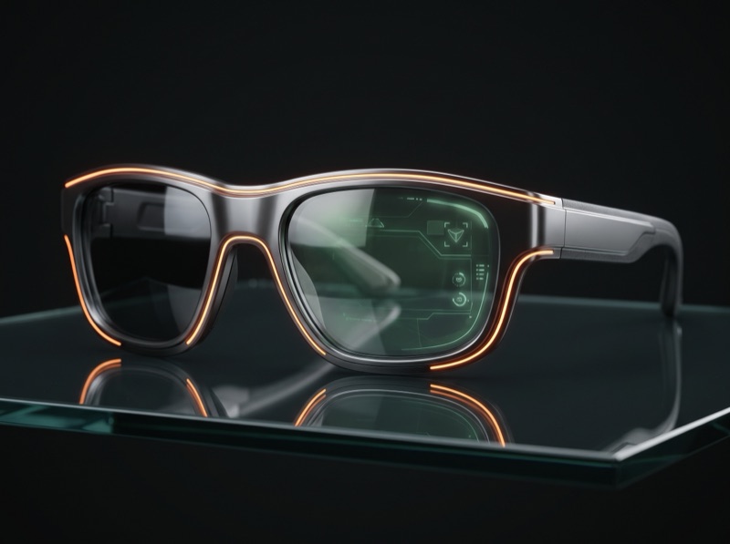 AR glasses with a green heads-up display glowing inside the lens