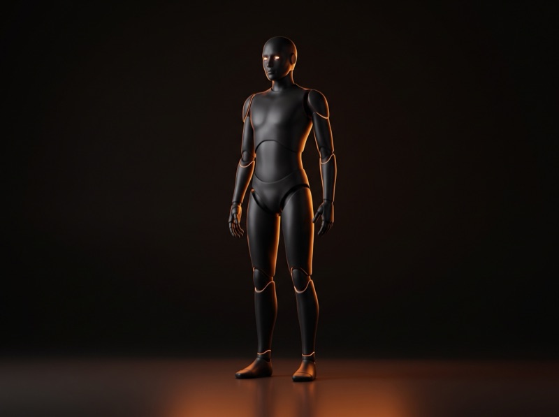 Matte-black humanoid robot with orange accent lighting, standing full height