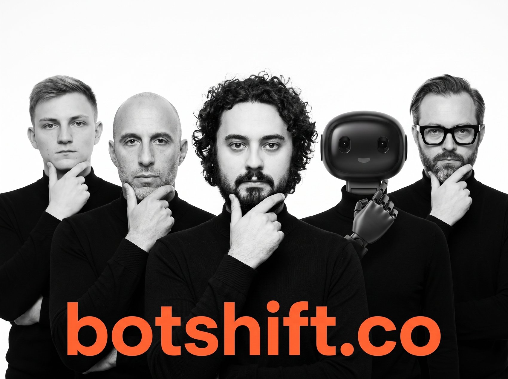 The botshift founders in black turtlenecks striking the thinker pose alongside their robot teammate, under the botshift.co wordmark in orange