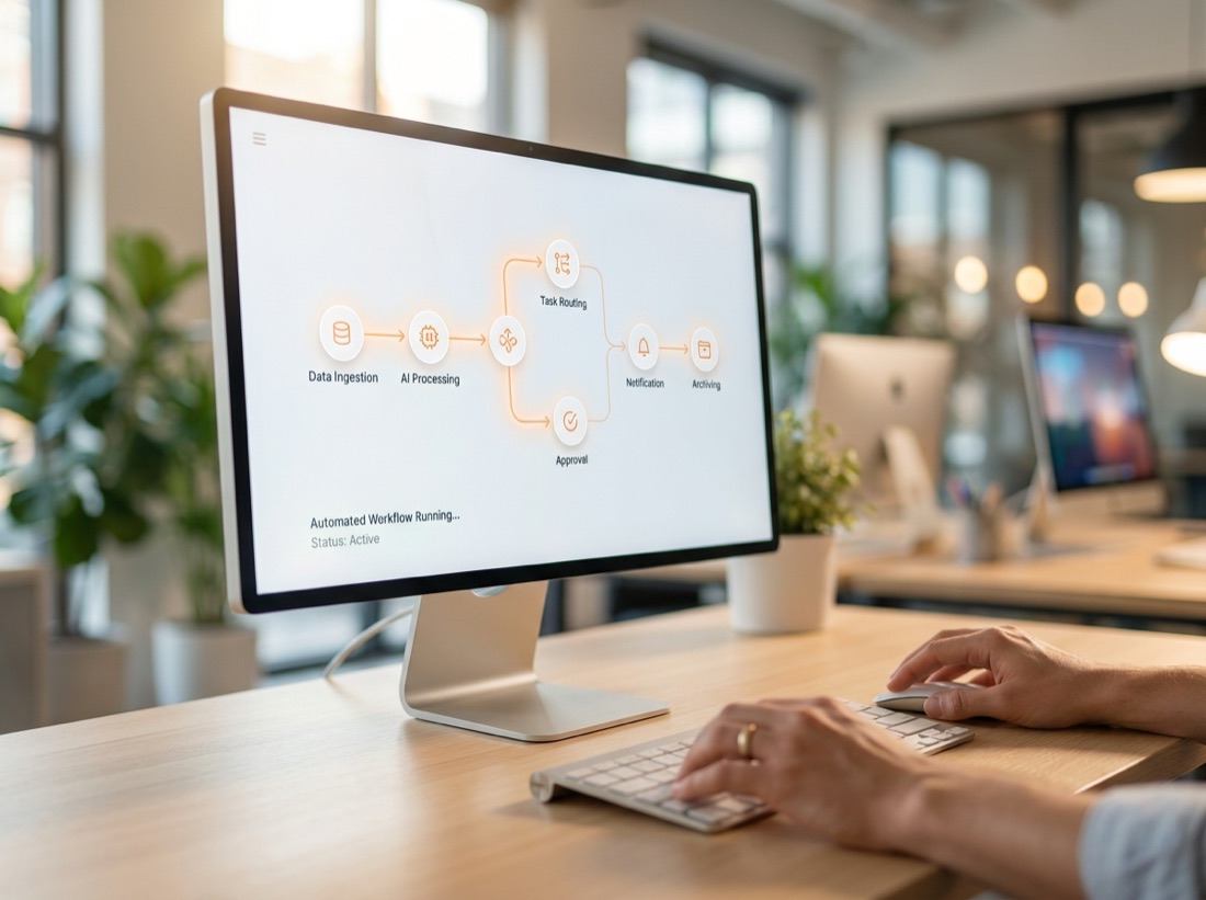 A business workflow process visualized as connected steps