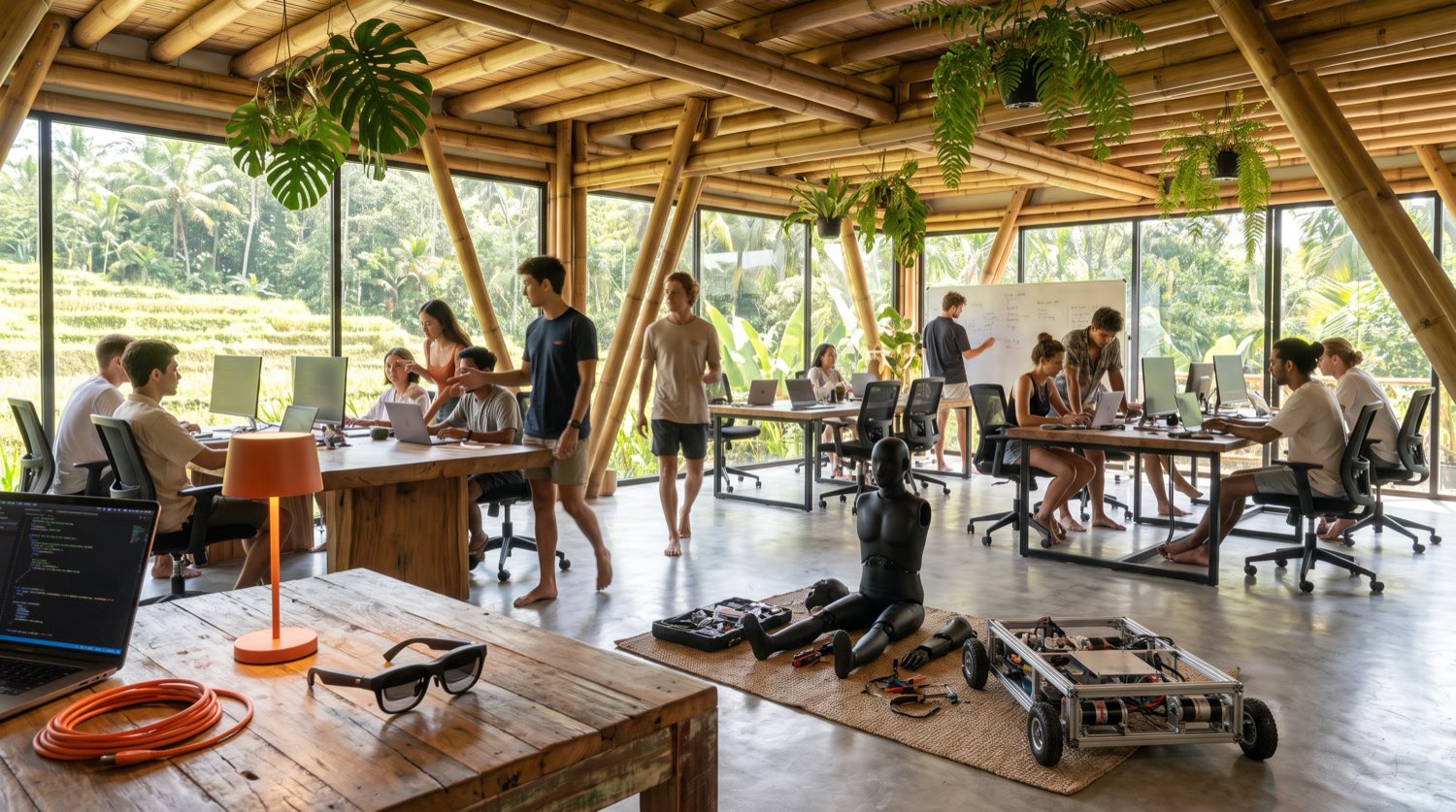 The botshift office in Bali: an open bamboo workspace overlooking rice terraces, engineers at laptops and walking between desks, a disassembled humanoid robot and a wheeled robot chassis on the floor, AI glasses resting on a desk