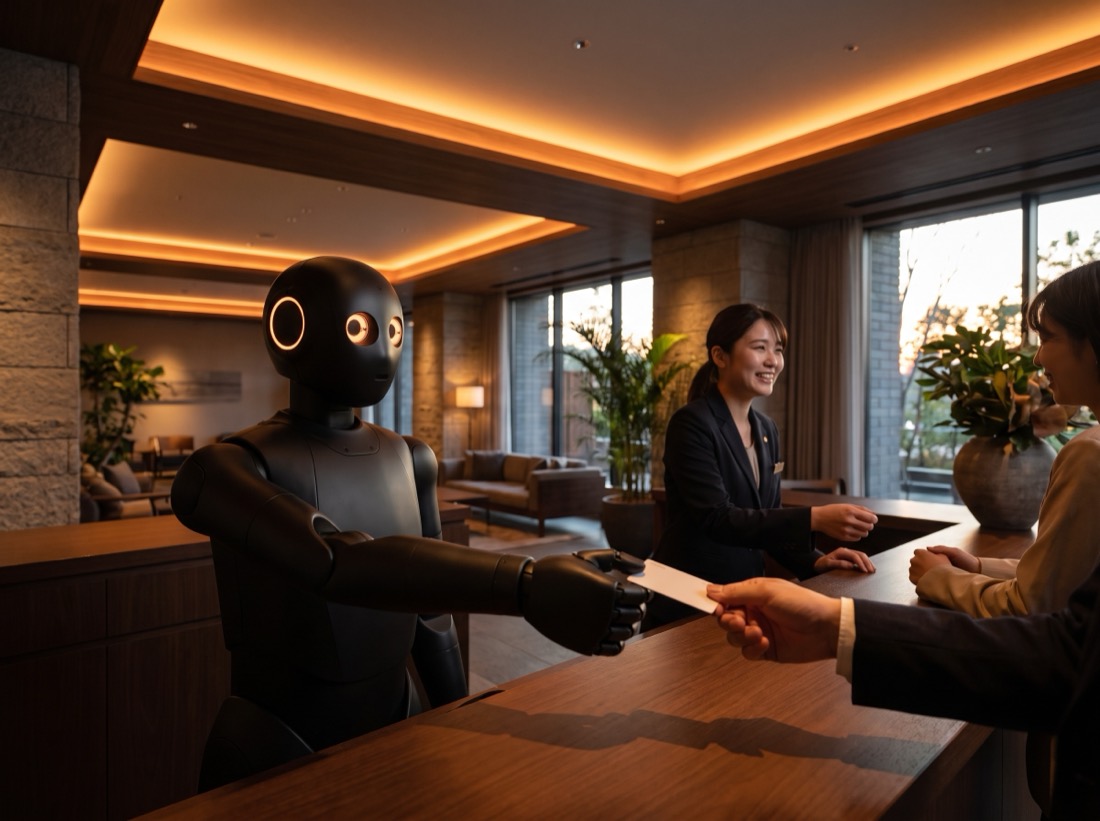 A matte-black humanoid robot with orange eyes handing a key card to a guest, working alongside a smiling receptionist