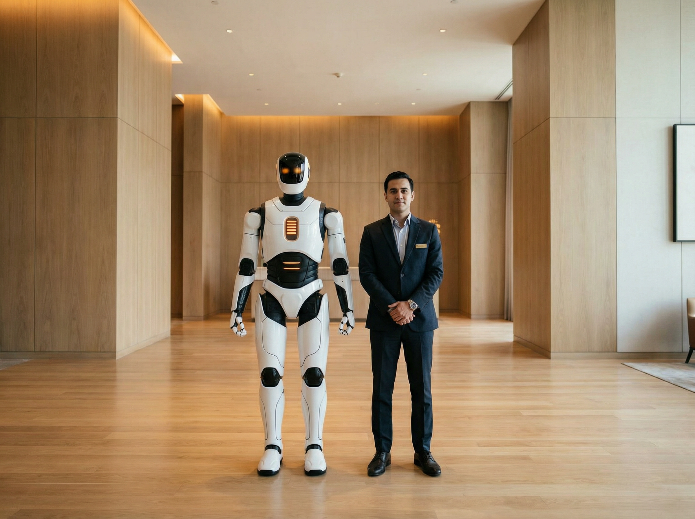 Robot concierge working alongside human staff