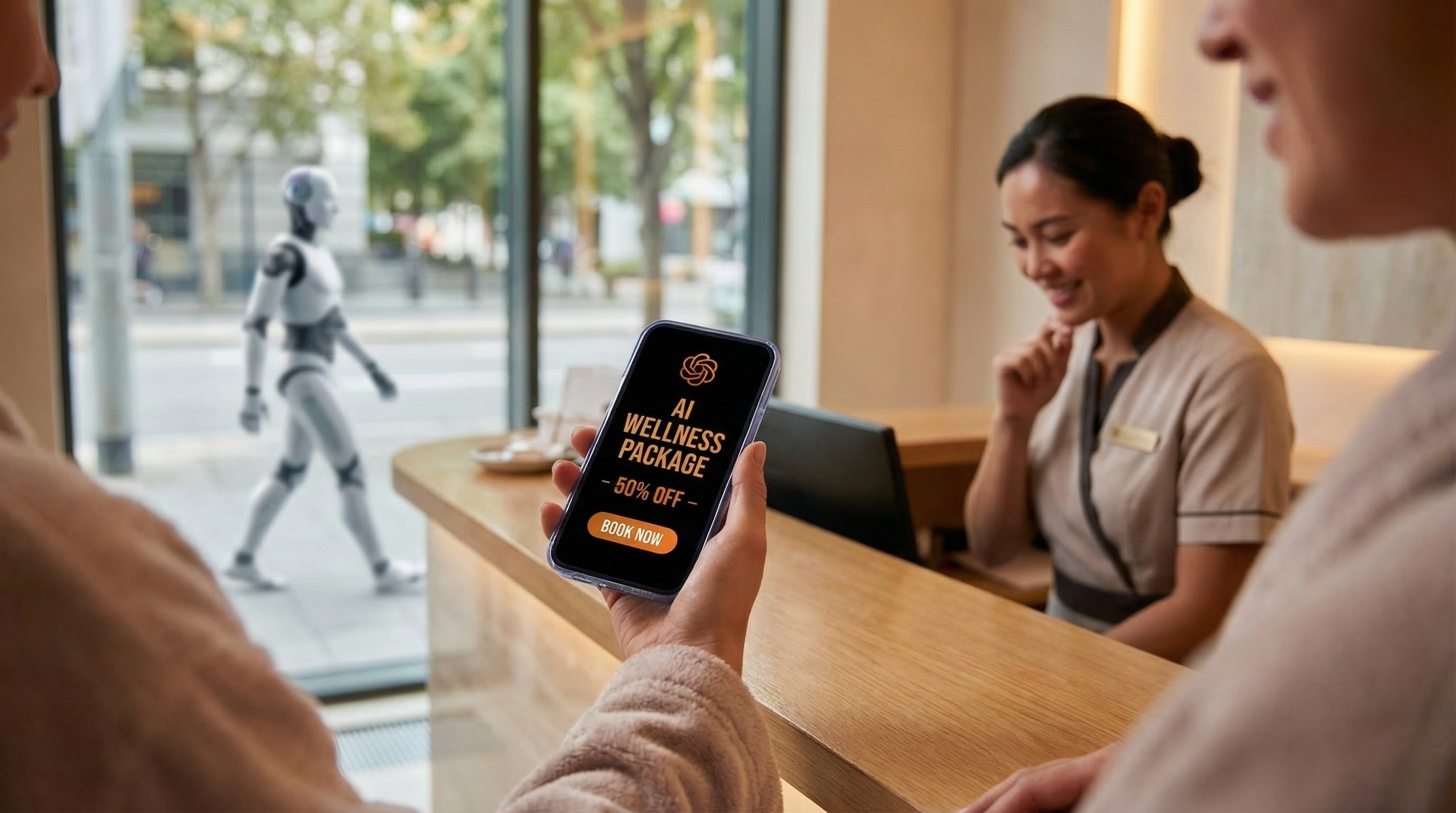 Phone showing AI upsell offer in hotel lobby with robot walking past
