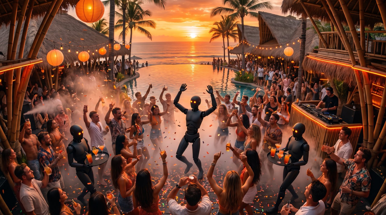 A packed open-air beach club party at sunset: a humanoid robot with orange eyes dances arms-up in the middle of the crowd while two more carry cocktail trays, confetti in the air, DJ playing, infinity pool and ocean behind
