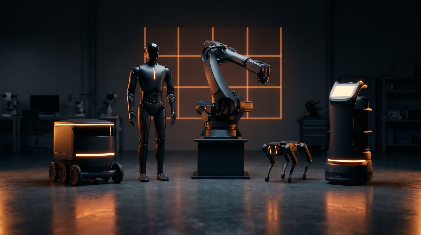 A lineup of five different robots in a dark robotics lab: a wheeled delivery robot, a humanoid, an industrial arm, a quadruped, and a tall service robot, all matte black with the same warm orange accent light