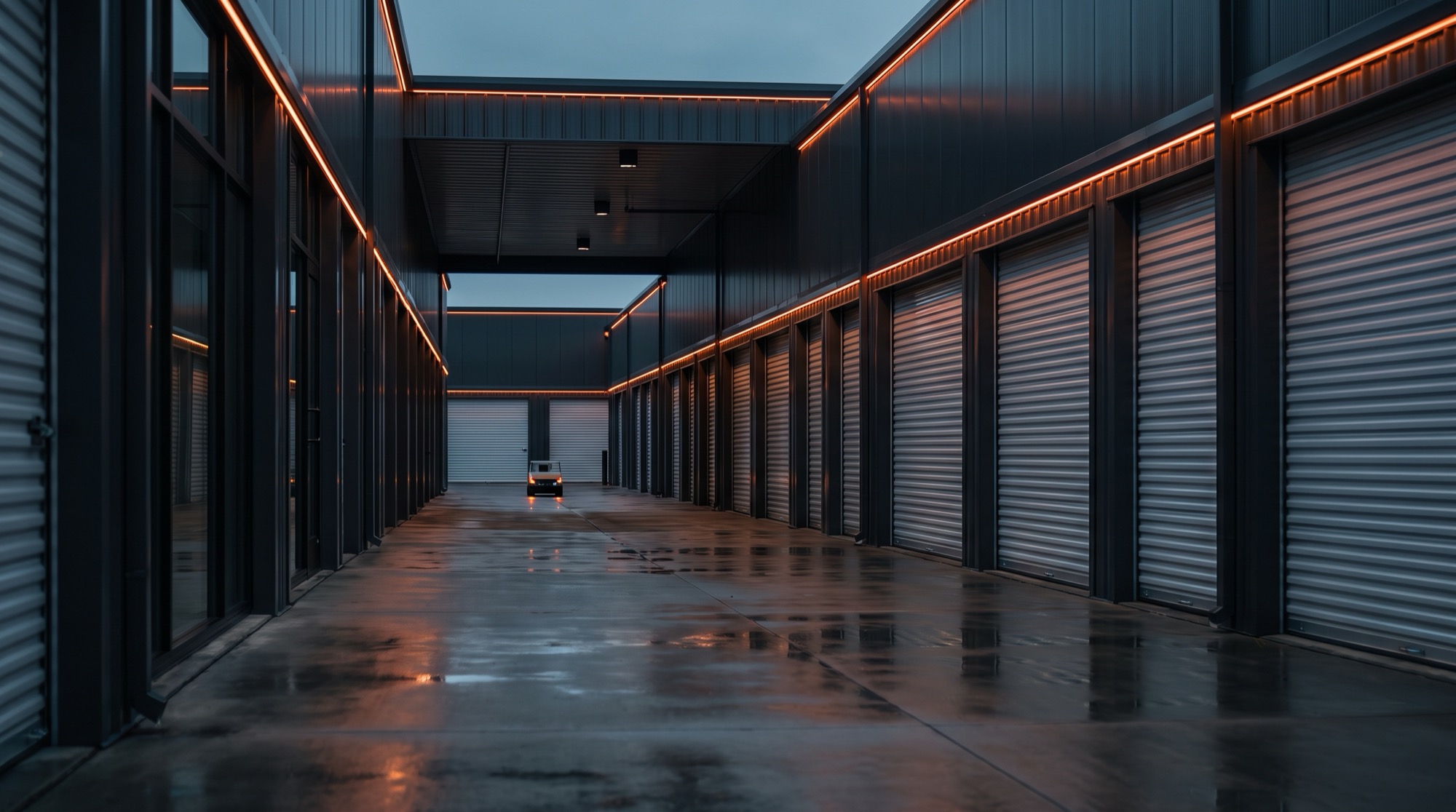 Modern self-storage facility at dusk with warm orange accent lighting tracing the rooflines and a small autonomous robot down the aisle
