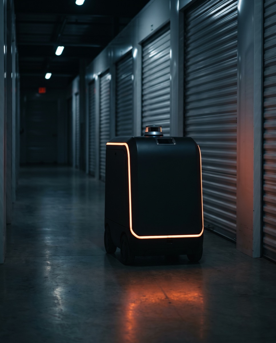 Autonomous botshift security robot with a glowing orange accent strip patrolling a dark self-storage corridor at night
