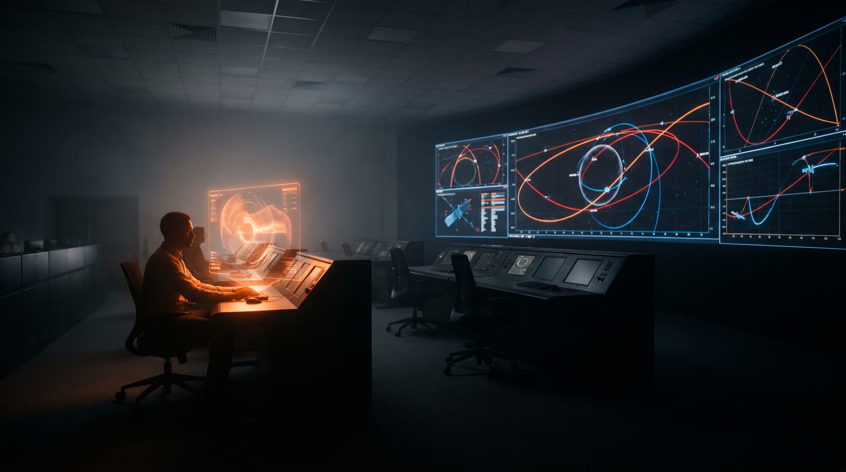 Space agency mission control room at night with a holographic AI assistant overlay above an operator console