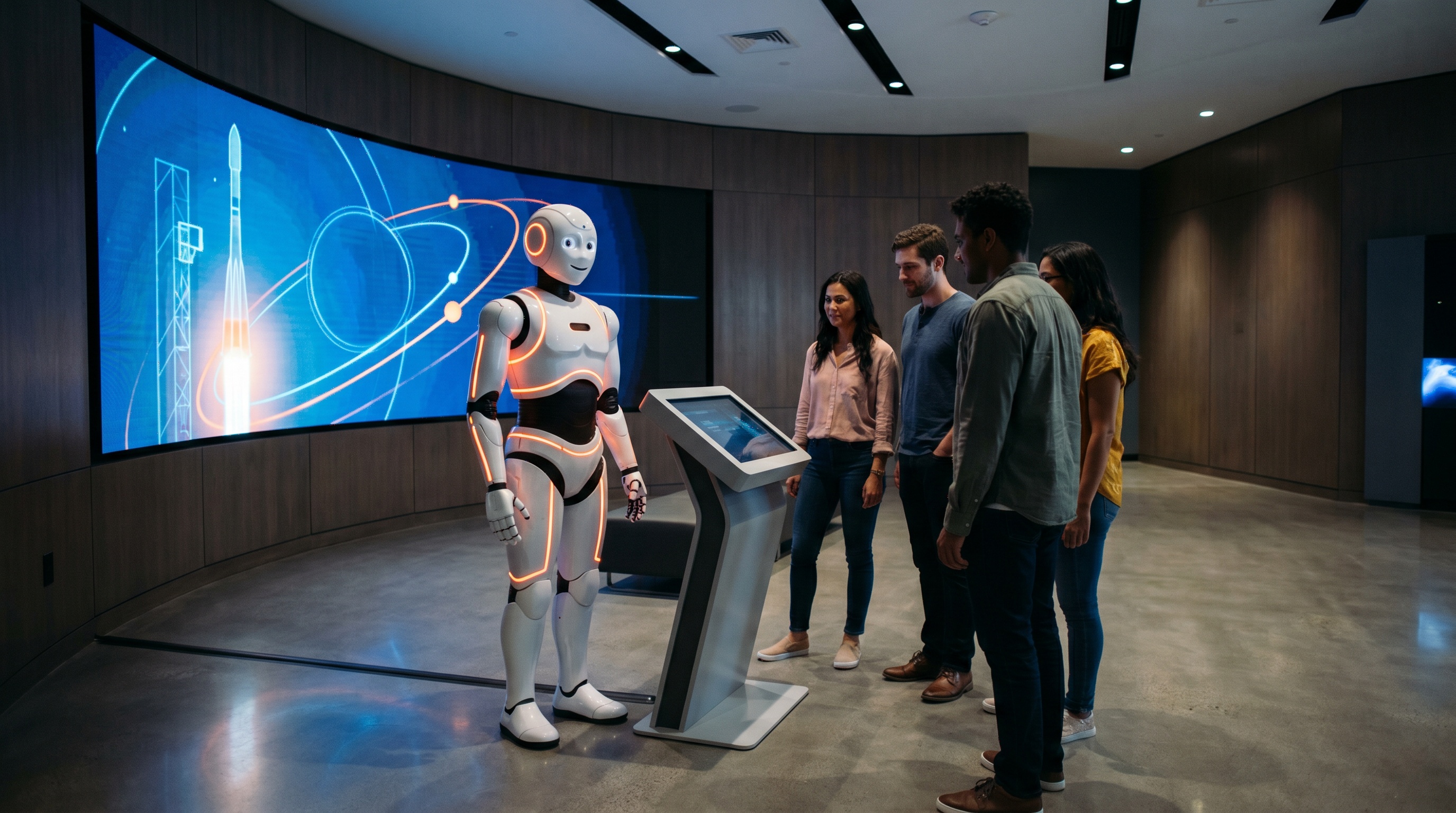 Humanoid service robot beside an interactive kiosk in a space agency visitor center, with a curved video wall showing a launch vehicle