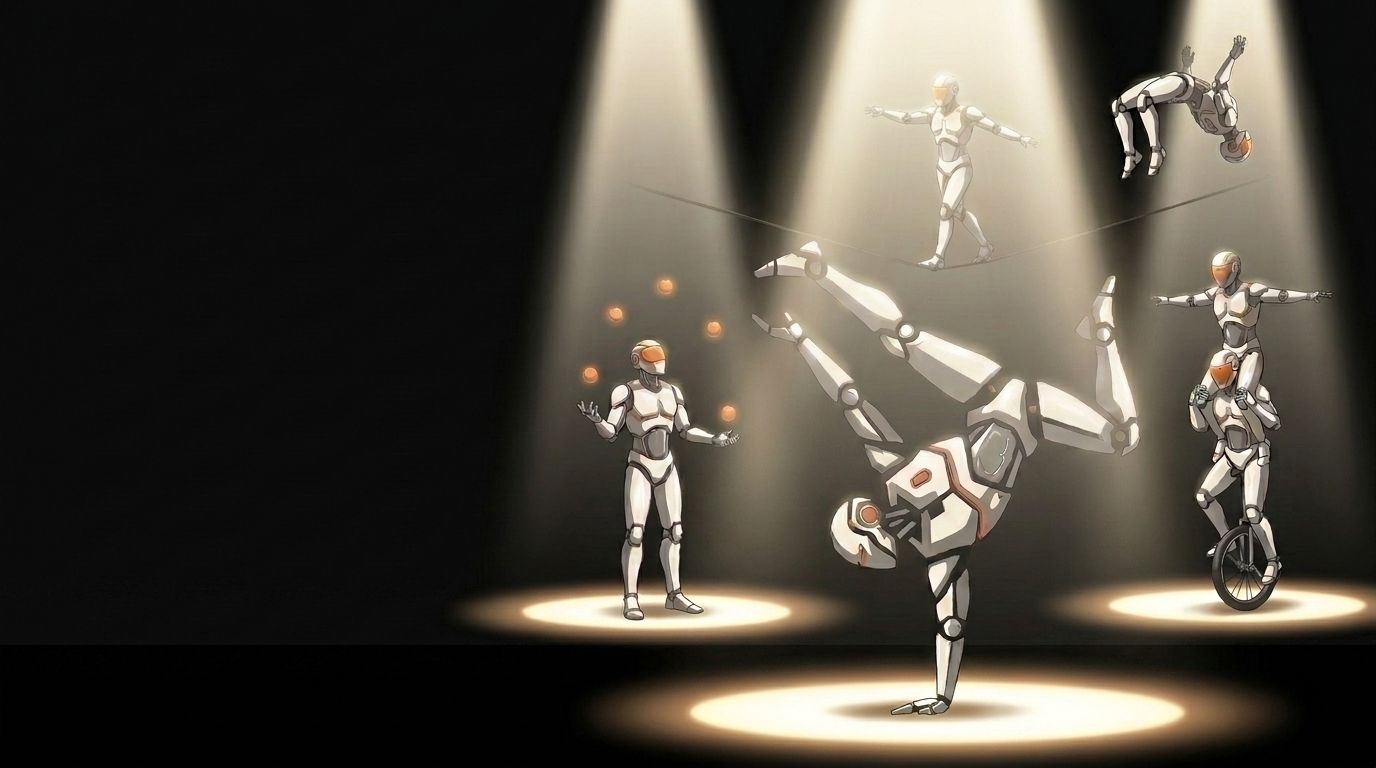 Synthetic Spectacular robot circus troupe: handstand, tightrope, juggling, backflip and unicycle acts under stage spotlights